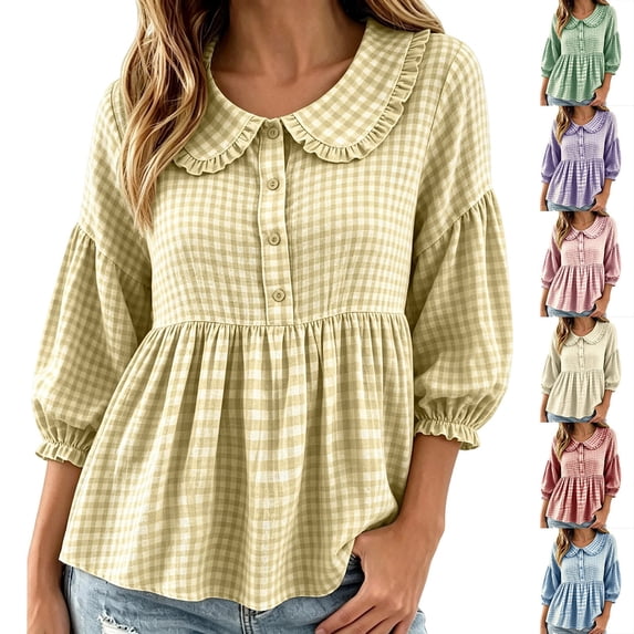 Ndbuld Womens Tops Long Sleeve Long-Sleeve Collar Button Pullover Top,Yellow,XXL