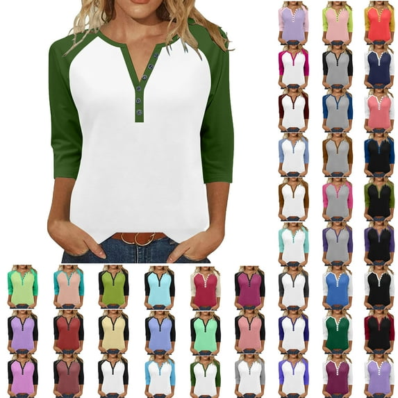 Ndbuld Womens Tops Trendy V Neck Button Down 3/4 Sleeve Tshirts Business Casual Basic Tee Loose Fit Green L