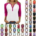 thumbnail image 1 of Womens Fall Fashion Long Sleeve Shirts Ndbuld Womens Tops Trendy V Neck Button Down 3/4 Sleeve Tshirts Business Casual Basic Tee Loose Fit Pink S, 1 of 9