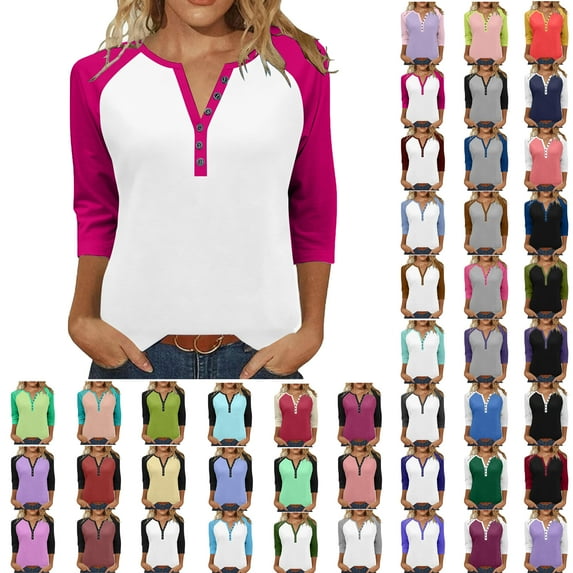 Womens Fall Fashion Long Sleeve Shirts Ndbuld Womens Tops Trendy V Neck Button Down 3/4 Sleeve Tshirts Business Casual Basic Tee Loose Fit Pink S