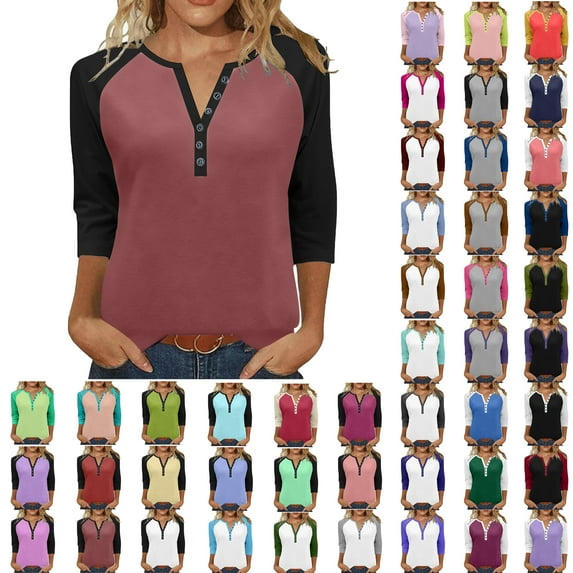 Ndbuld Womens Tops Trendy V Neck Button Down 3/4 Sleeve Tshirts Business Casual Basic Tee Loose Fit Red M