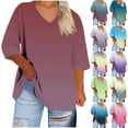 thumbnail image 1 of Ndbuld Womens Tops Women's Fashion Daily Style Printed V-Neck 3/4 Sleeve T-Shirt Large Size Loose Top Yellow M, 1 of 5