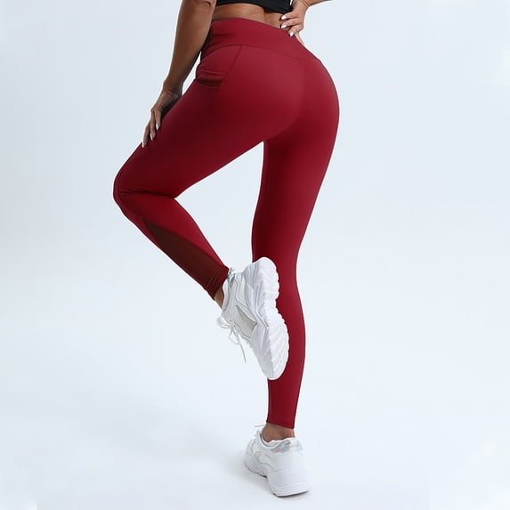 Ndbuld Yoga Leggings Yoga Pants Women's Fashionable High Waisted Pocket Mesh Splicing Breathable Casual Sports Plus Size Yoga Pants Great Gifts for Less Red XS