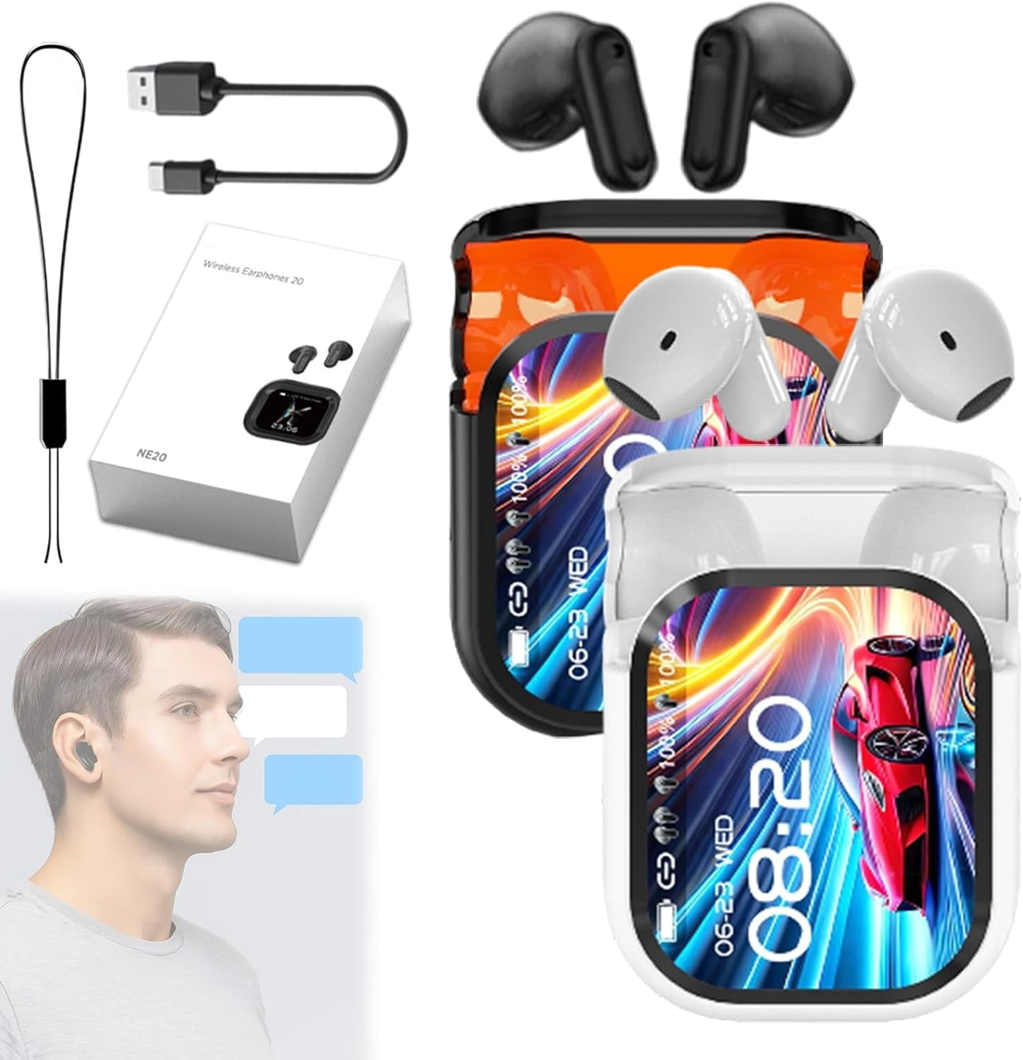 Ne20 Earbuds, Ne20 Translation Earbuds with 140 Language AI Translator Real Time, NE20 Wireless Headphones, Bluetooth 6.0 Earphone, LCD Touch Screen, for Travel, Business, Learning (2PCS*Mix)