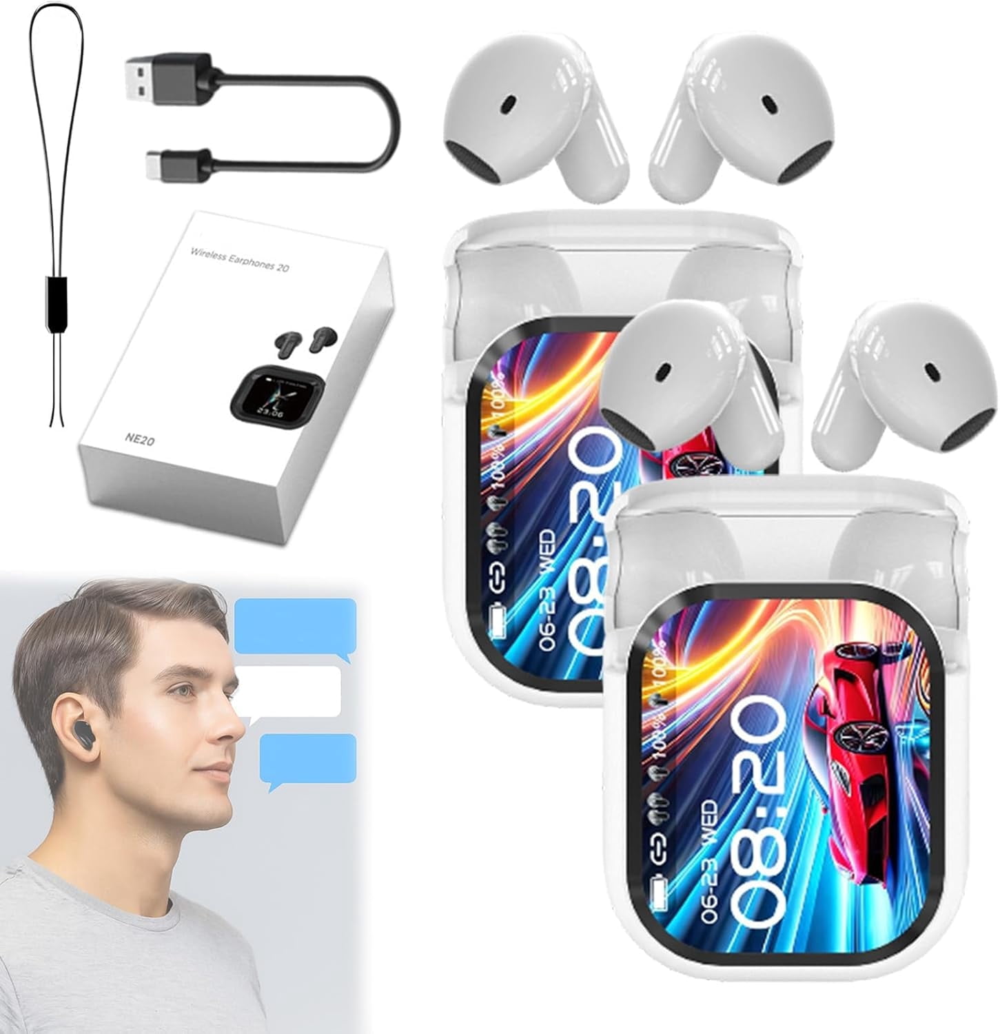 Ne20 Earbuds, Ne20 Translation Earbuds with 140 Language AI Translator Real Time, NE20 Wireless Headphones, Bluetooth 6.0 Earphone, LCD Touch Screen, for Travel, Business, Learning (2PCS*White)