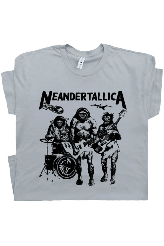 Neandertallica T Shirt Funny 90s Rock Band Shirts Vintage Concert Cool Graphic Tee Heavy Black Metal Head Thrash Cave Man 80s
