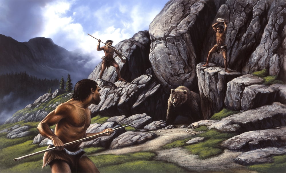 Neanderthals hunt a cave bear Canvas Art - Jerry LoFaroStocktrek Images (19 x 11)