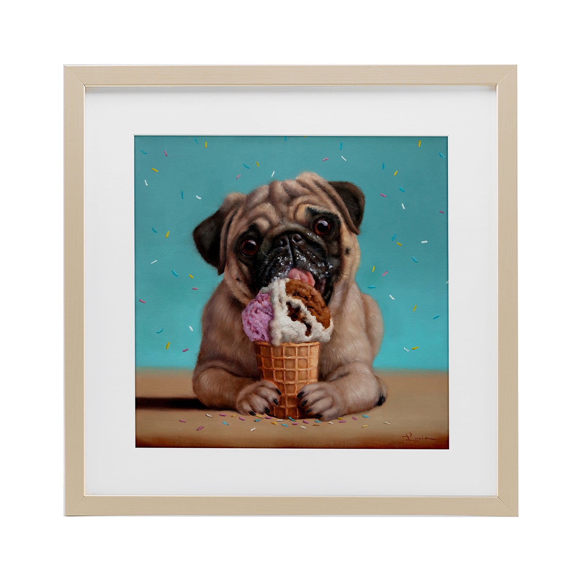 Neapawlitan Ice Cream & Dog Birch Framed Print Under Glass, design by Lucia Heffernan