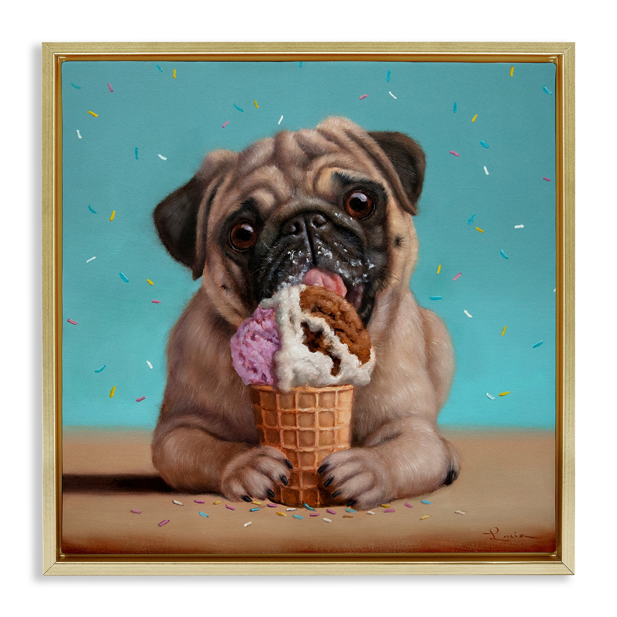 Neapawlitan Ice Cream & Dog Gold Framed Floater Canvas Wall Art, design by Lucia Heffernan