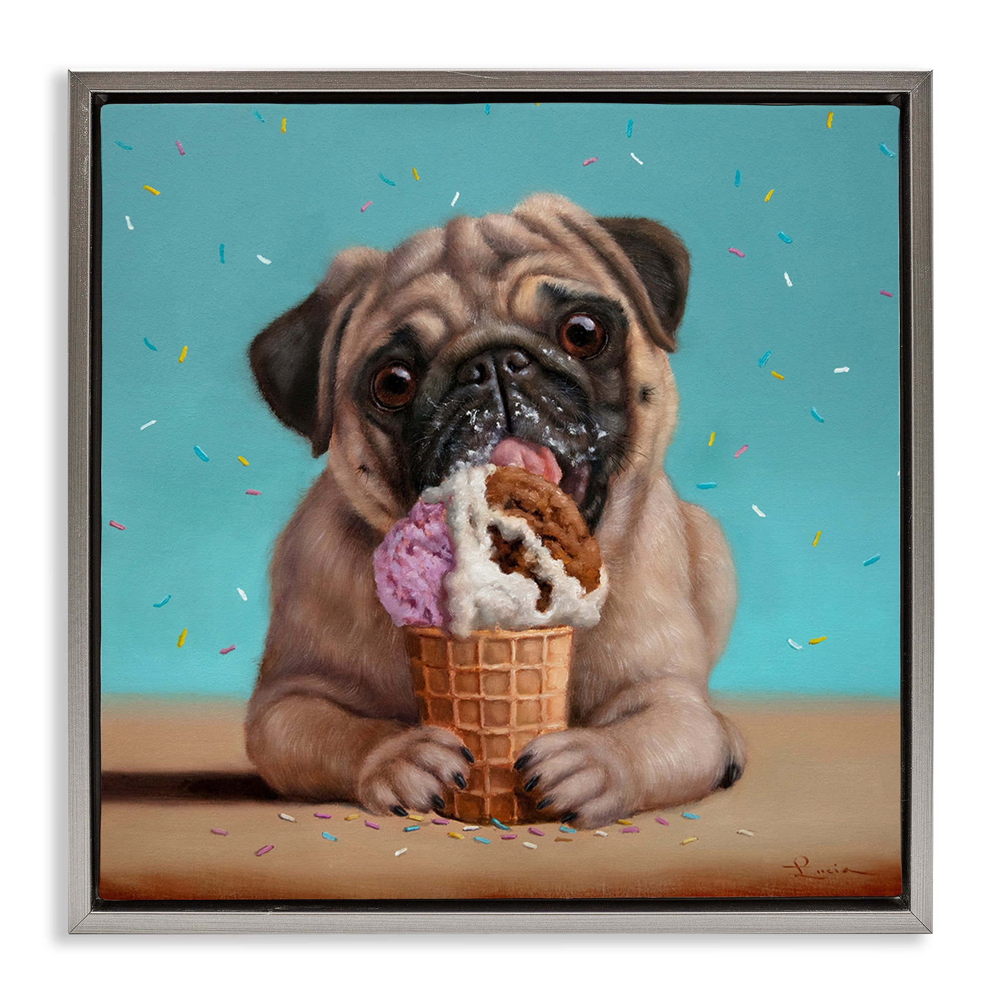 Neapawlitan Ice Cream & Dog Gray Framed Floater Canvas Wall Art, design by Lucia Heffernan