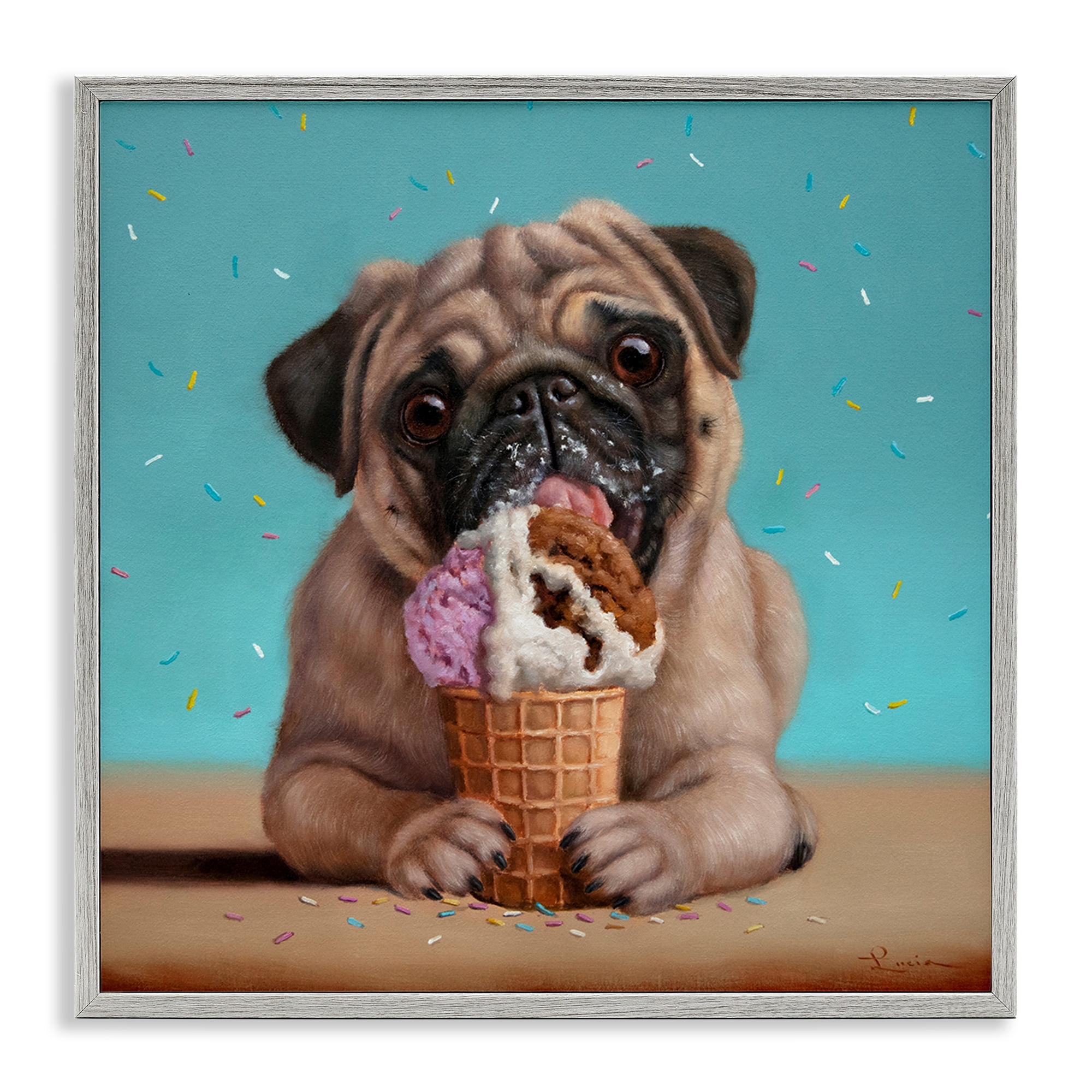 Neapawlitan Ice Cream & Dog Gray Framed Giclee Art, design by Lucia Heffernan