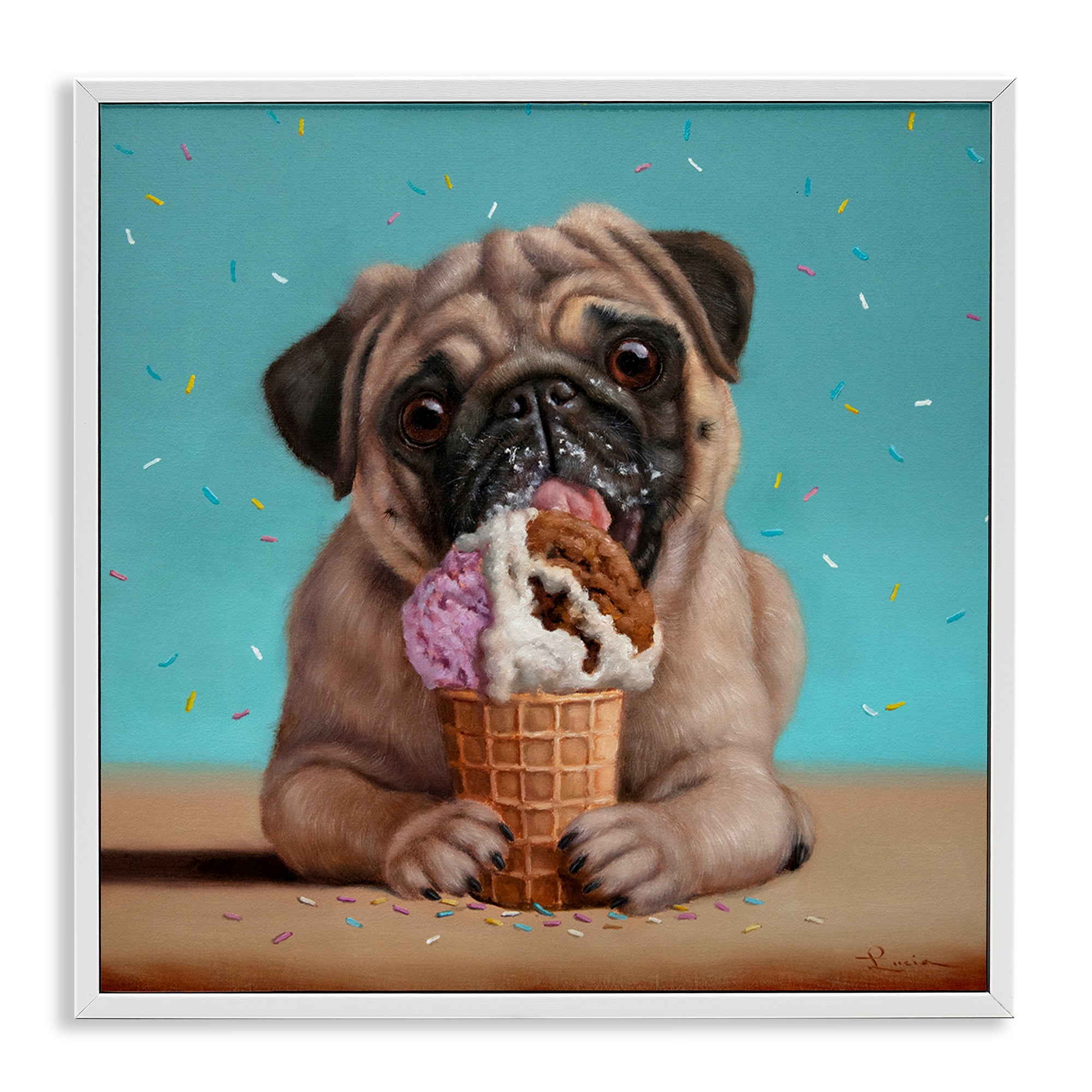 Neapawlitan Ice Cream & Dog White Framed Giclee Art, design by Lucia Heffernan