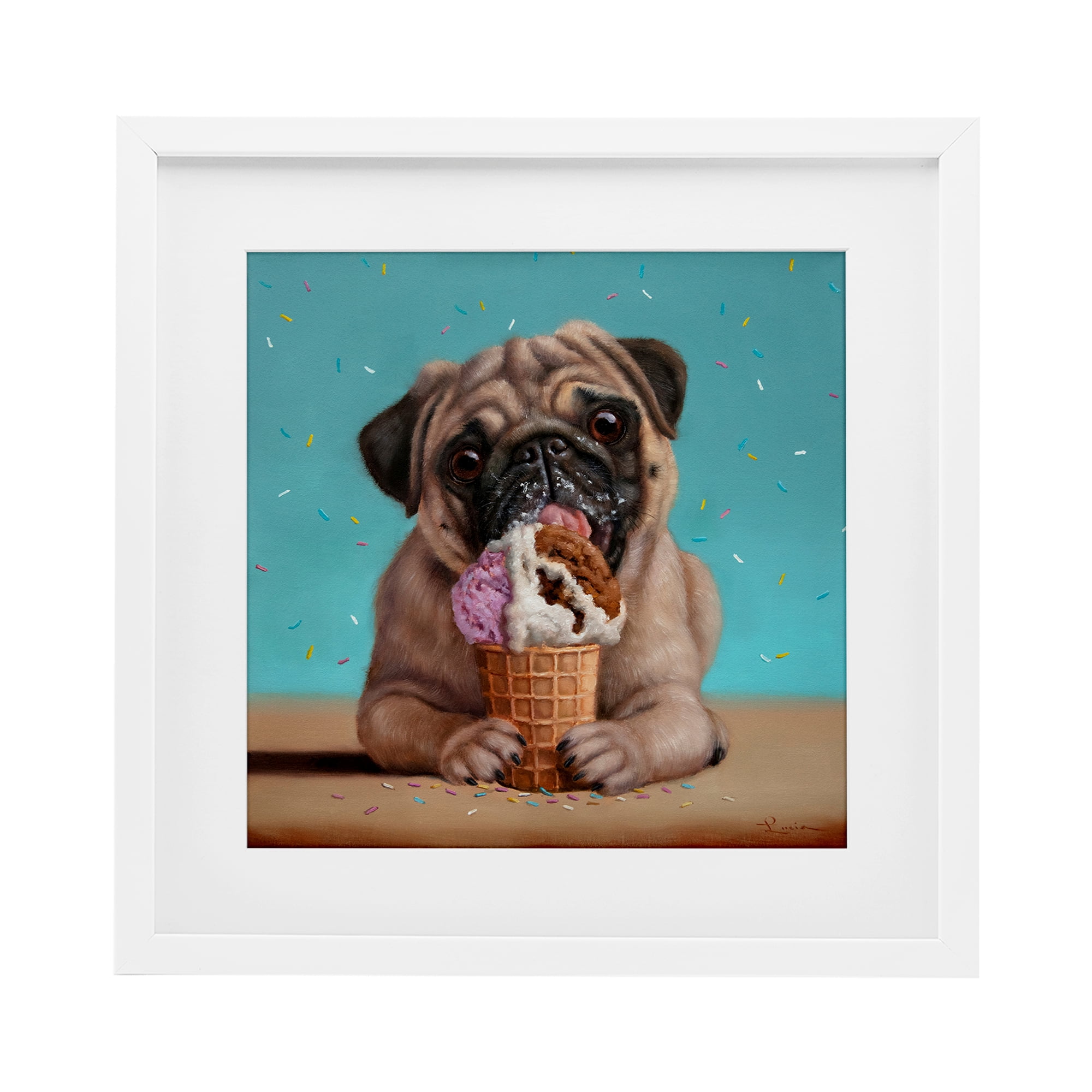 Neapawlitan Ice Cream & Dog White Framed Print Under Glass, design by Lucia Heffernan