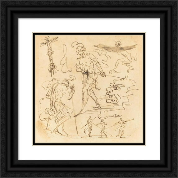 Neapolitan 17th Century 15x15 Black Ornate Wood Framed Double Matted Museum Art Print Titled - Sheet of Studies with a Soldier Drawing a Sword, a Crucifix, Monstrous Animals, and Other