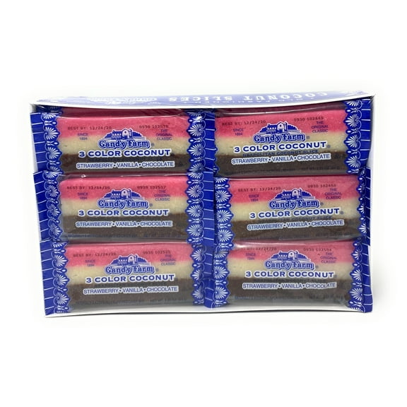 Neapolitan Coconut Slice Candy Bars 1.65 oz - 24 Pack - Classic Tri-Colored Coconut Candy with Strawberry, Vanilla, and Chocolate Flavors
