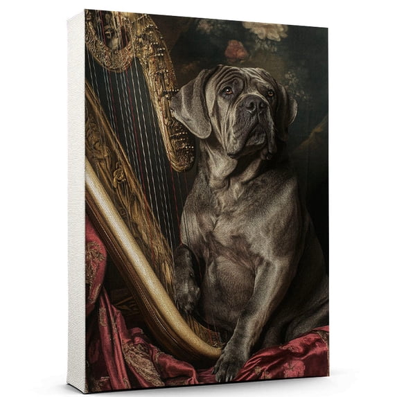 Neapolitan Mastiff Cute Dog Harp Stretched Canvas Size 8x12 – Retro Neapolitan Mastiff Dog Batter in Action With Harp for Themed Living Room