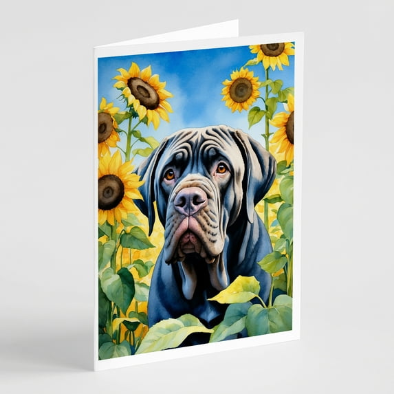 Neapolitan Mastiff in Sunflowers Greeting Cards Pack of 8 7 in x 5 in