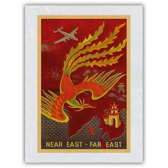 Near East Far East - India China Japan - Bird of Paradise Countries - Vintage Airline Travel Poster by Lucien Boucher c.1946 - Japanese Unryu Rice Paper Art Print (Unframed) 12 x 16 in