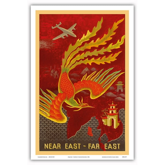 Near East Far East - India China Japan - Bird of Paradise Countries - Vintage Airline Travel Poster by Lucien Boucher c.1946 - Master Art Print (Unframed) 12in x 18in