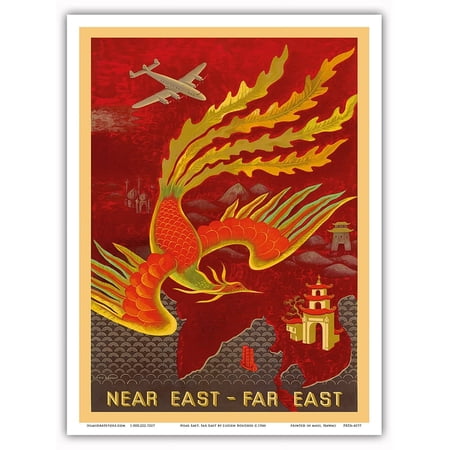 Near East Far East - India China Japan - Bird of Paradise Countries - Vintage Airline Travel Poster by Lucien Boucher c.1946 - Master Art Print (Unframed) 9in x 12in