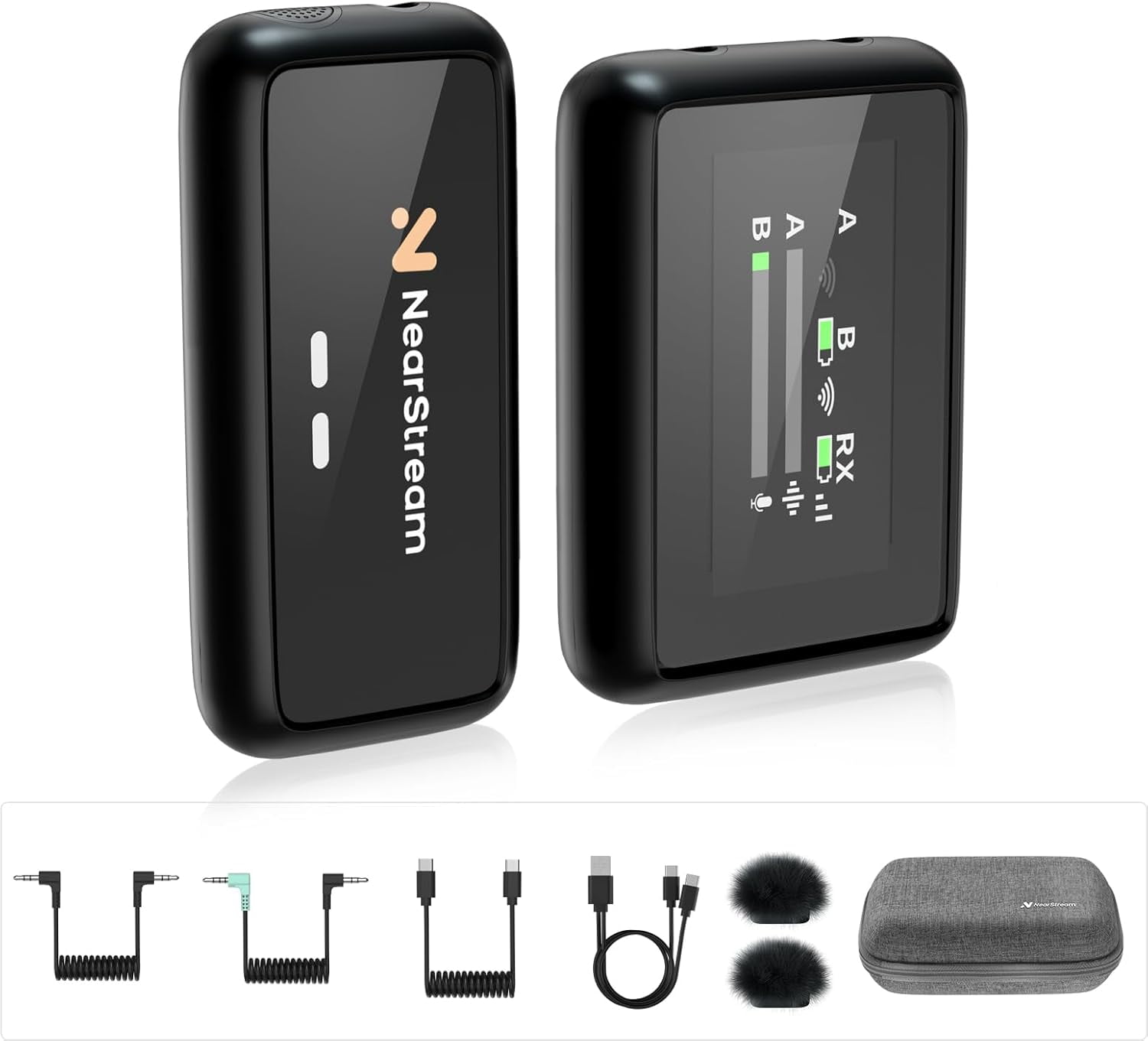 NearStream AWM20D Wireless Lavalier Microphone with Noise Cancellation, HD LCD Display,200m Transmission,7H Battery Life, Compact&Light Lapel Mic for Cameras/Smartphones/PC Vlogging/Live Streaming