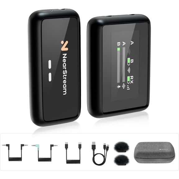 NearStream AWM20D Wireless Lavalier Microphone with Noise Cancellation, HD LCD Display,200m Transmission,7H Battery Life, Compact&Light Lapel Mic for Cameras/Smartphones/PC Vlogging/Live Streaming