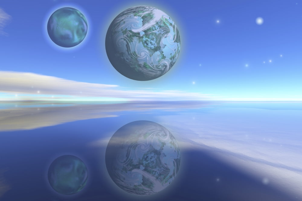 Nearby planets hover over the ocean on this world Canvas Art - Corey FordStocktrek Images (35 x 23)