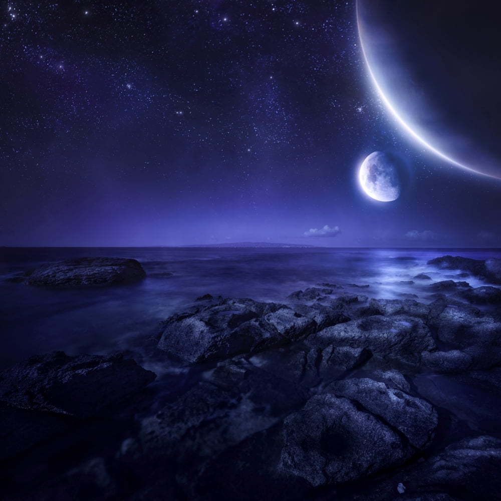 Nearby planets hover over the ocean on this world at night Canvas Art - Evgeny KuklevStocktrek Images (29 x 29)