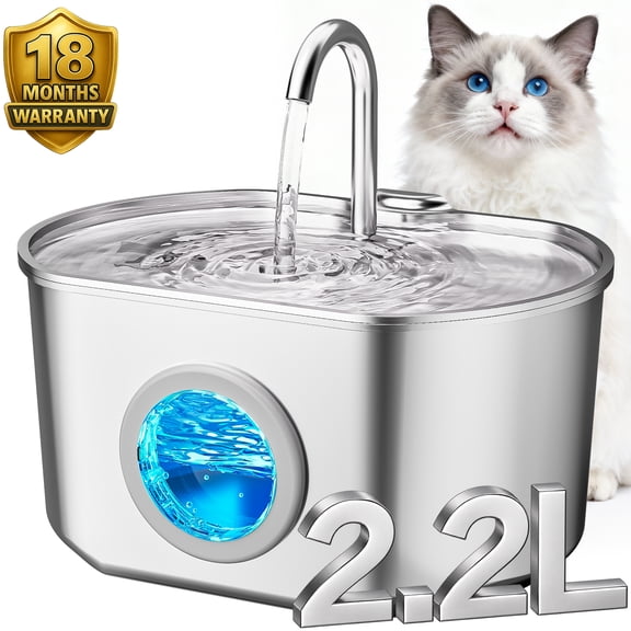 Neareal Stainless Steel Cat Water Fountain - 74 oz/2.2L Automatic Pet Drinking Fountain with Water Level Window & 2 Replacement Filters