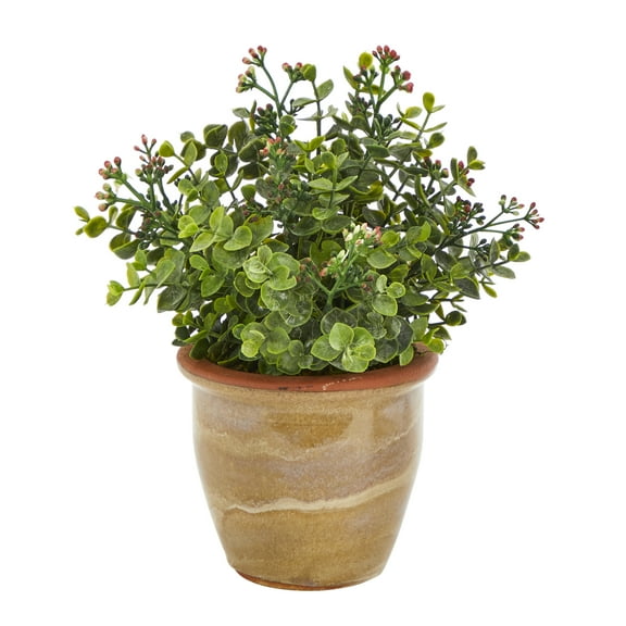 Nearly Natural 10" Eucalyptus and Sedum Succulent Artificial Plant in Ceramic Planter, Green