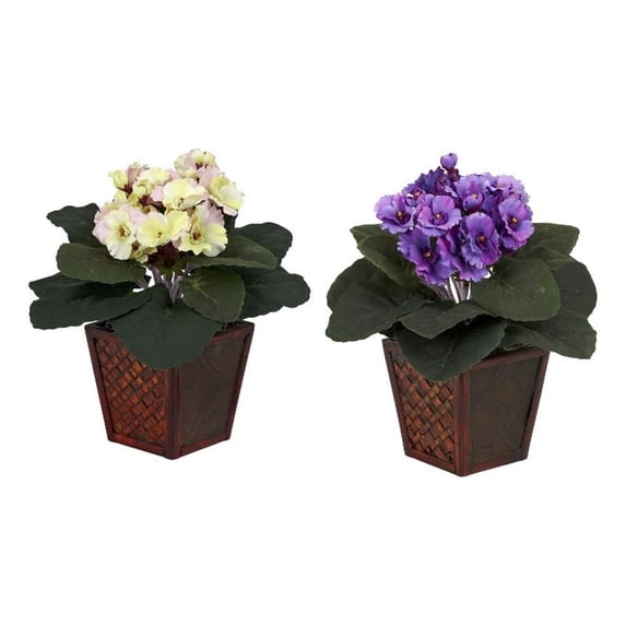 Nearly Natural 10" Plastic African Violet Artificial Plant with Vase (Set of 2), Purple