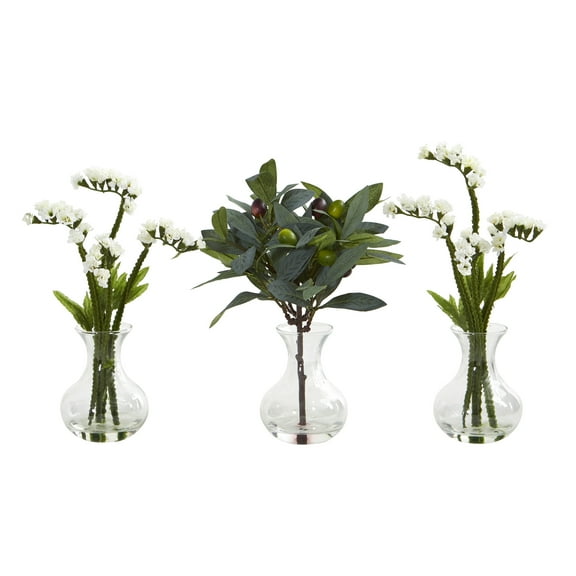Nearly Natural 10in. Baby Breath and Olive Artificial Arrangement in Vase (Set of 3), White