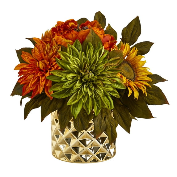 Nearly Natural 11" Peony, Dahlia and Sunflower Artificial Flower Arrangement in Gold Vase, Multicolor