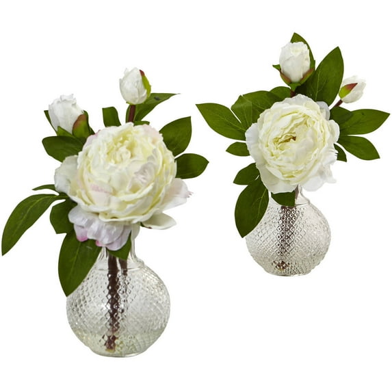 Nearly Natural 11" Peony with Vase, Set of 2