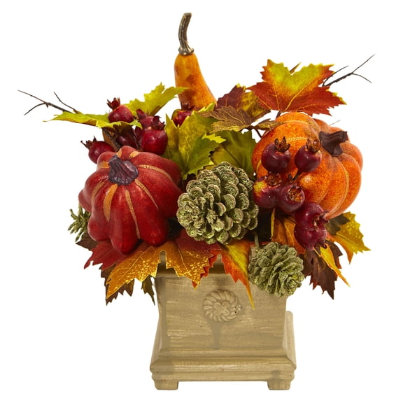 Nearly Natural 11" Pumpkin, Gourd, Berry and Maple Leaf Artificial Plant, Orange