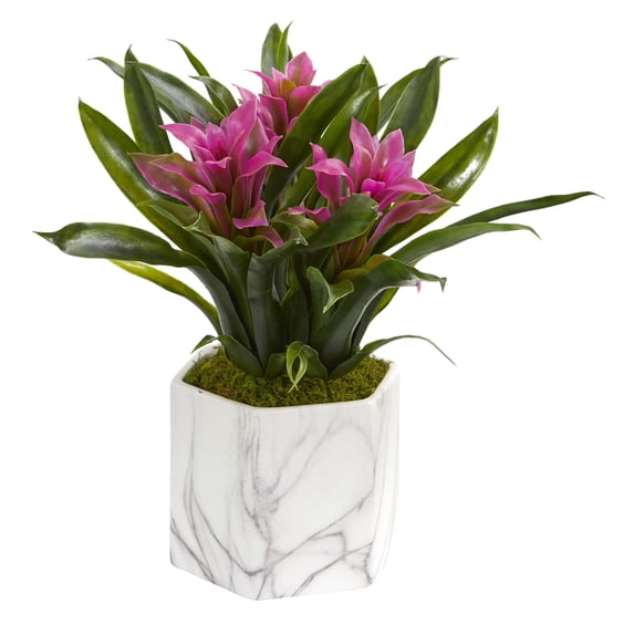 Nearly Natural 11in. Bromeliad Artificial Plant in Marble Finished Vase, Purple