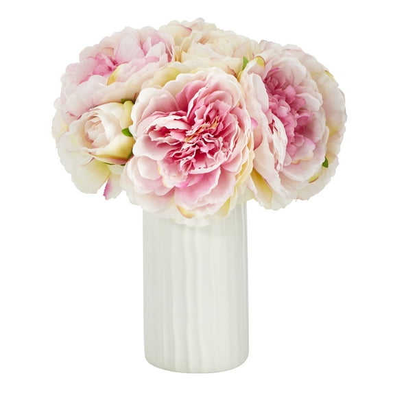 Nearly Natural 11in. Peony Bouquet Artificial Arrangement in White Vase, Pink