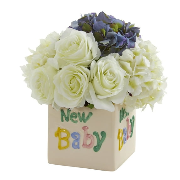 Nearly Natural 11in. Rose and Hydrangea Artificial Arrangement in New Baby Vase, White/Blue
