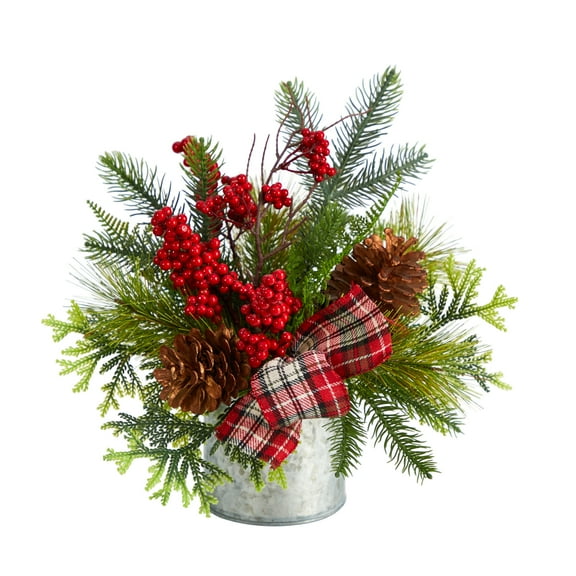 Nearly Natural 12" Holiday Winter Pinecones, Berries, Greenery Artificial Flower Christmas Arrangement