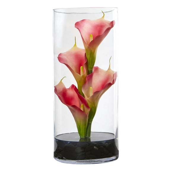 Nearly Natural 12 in. Calla Lily Artificial Arrangement in Cylinder Glass Vase