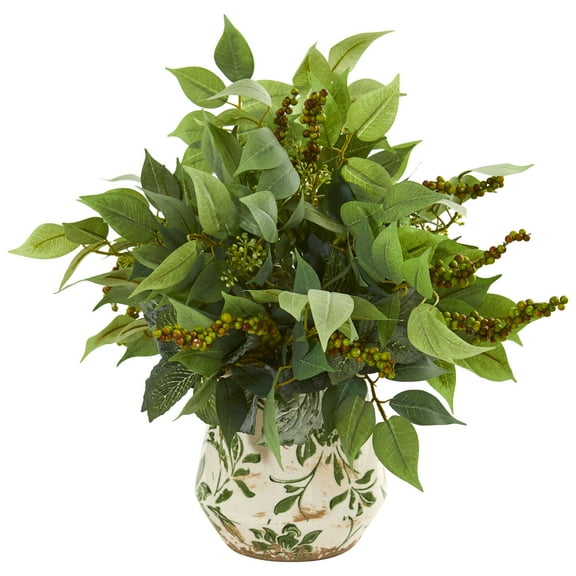 Nearly Natural 13" Mixed Ficus, Fittonia and Berries Plastic Artificial Plant in Vase, Green