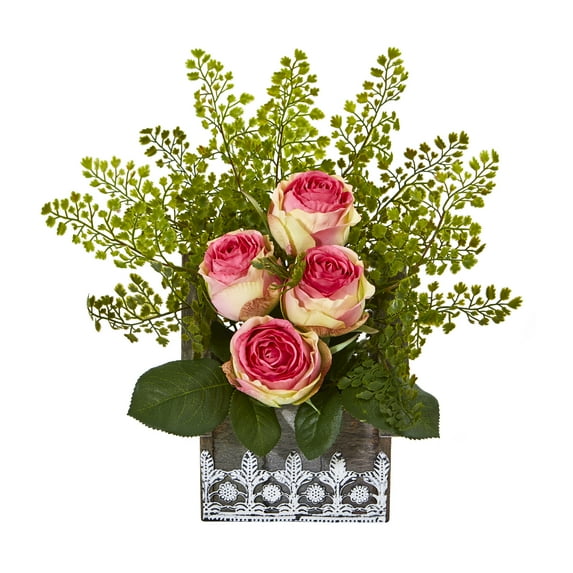 Nearly Natural 13in. Rose and Maiden Hair Artificial Arrangement in Hanging Floral Design House Planter