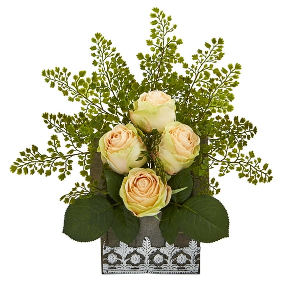 Nearly Natural 13in. Rose and Maiden Hair Artificial Arrangement in Hanging Floral Design House Planter