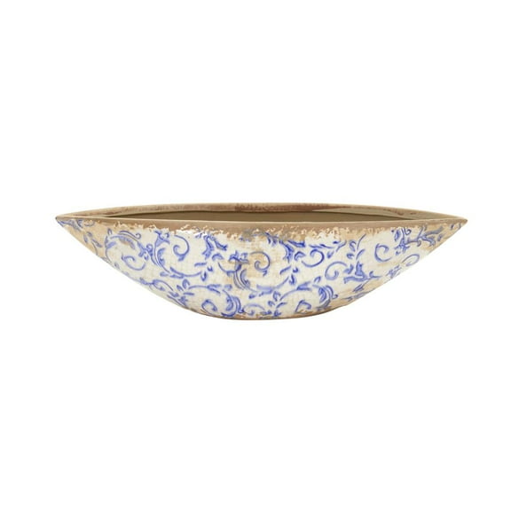 Nearly Natural 13in. Tuscan Ceramic Blue Scroll Decorative Bowl