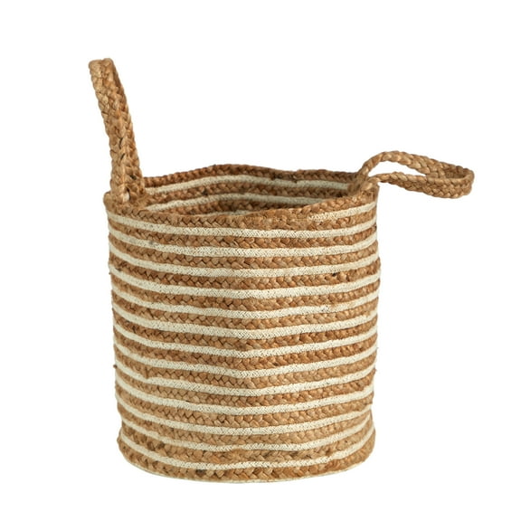 Nearly Natural 14" Boho Chic Basket Planter Natural Cotton and Jute, Handwoven Stripe with Handles