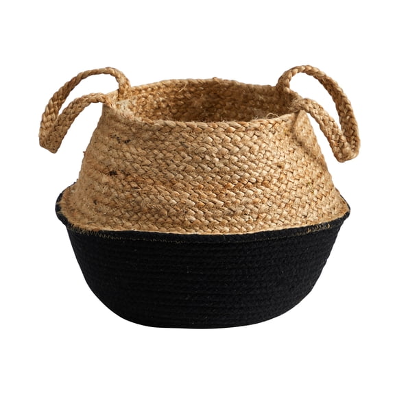 Nearly Natural 14" Boho Chic Handmade Cotton & Jute Black Woven Basket Planter