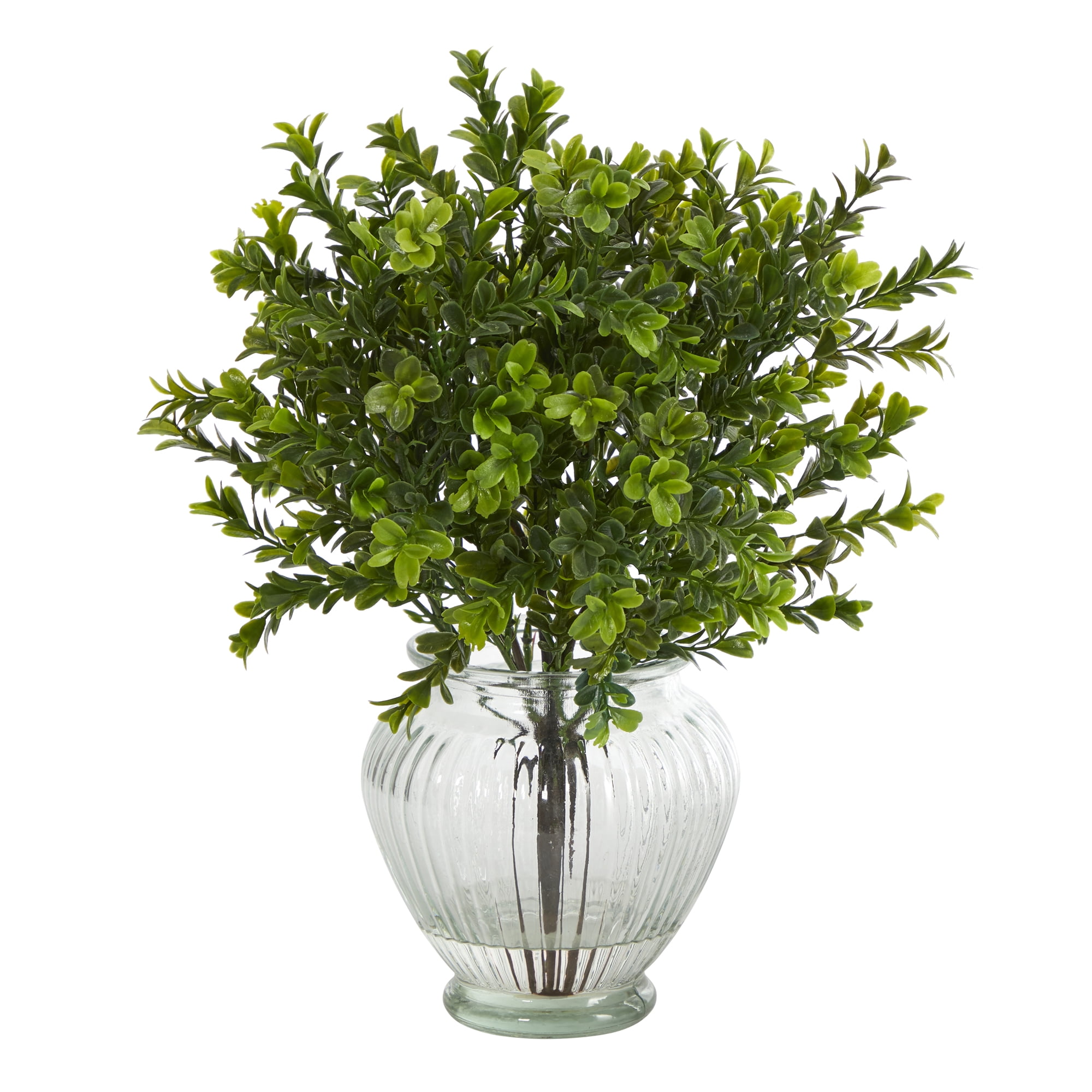 Nearly Natural 14in. Boxwood Artificial Plant in Glass Planter (Indoor/Outdoor)
