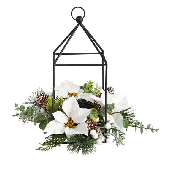 Nearly Natural 14in. Holiday White Poinsettia, Berries and Pine Cone Metal Candle Holder Table Christmas Artificial Arrangement