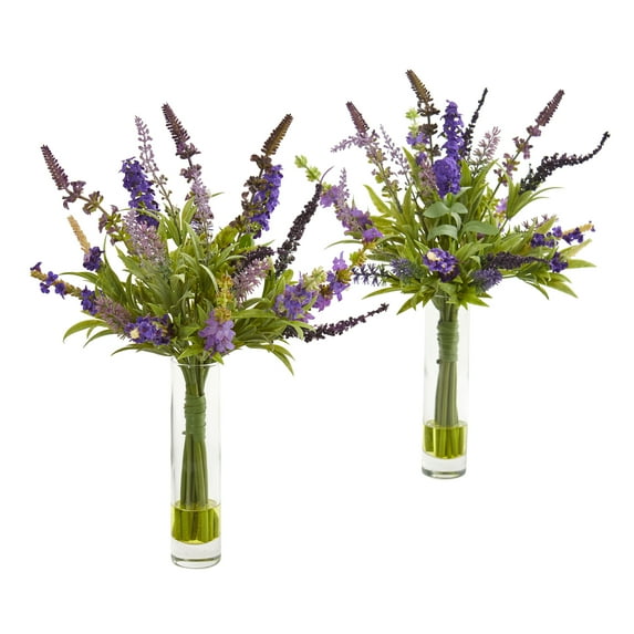 Nearly Natural 15” Lavender Artificial Arrangement in Glass Vase (Set of 2)