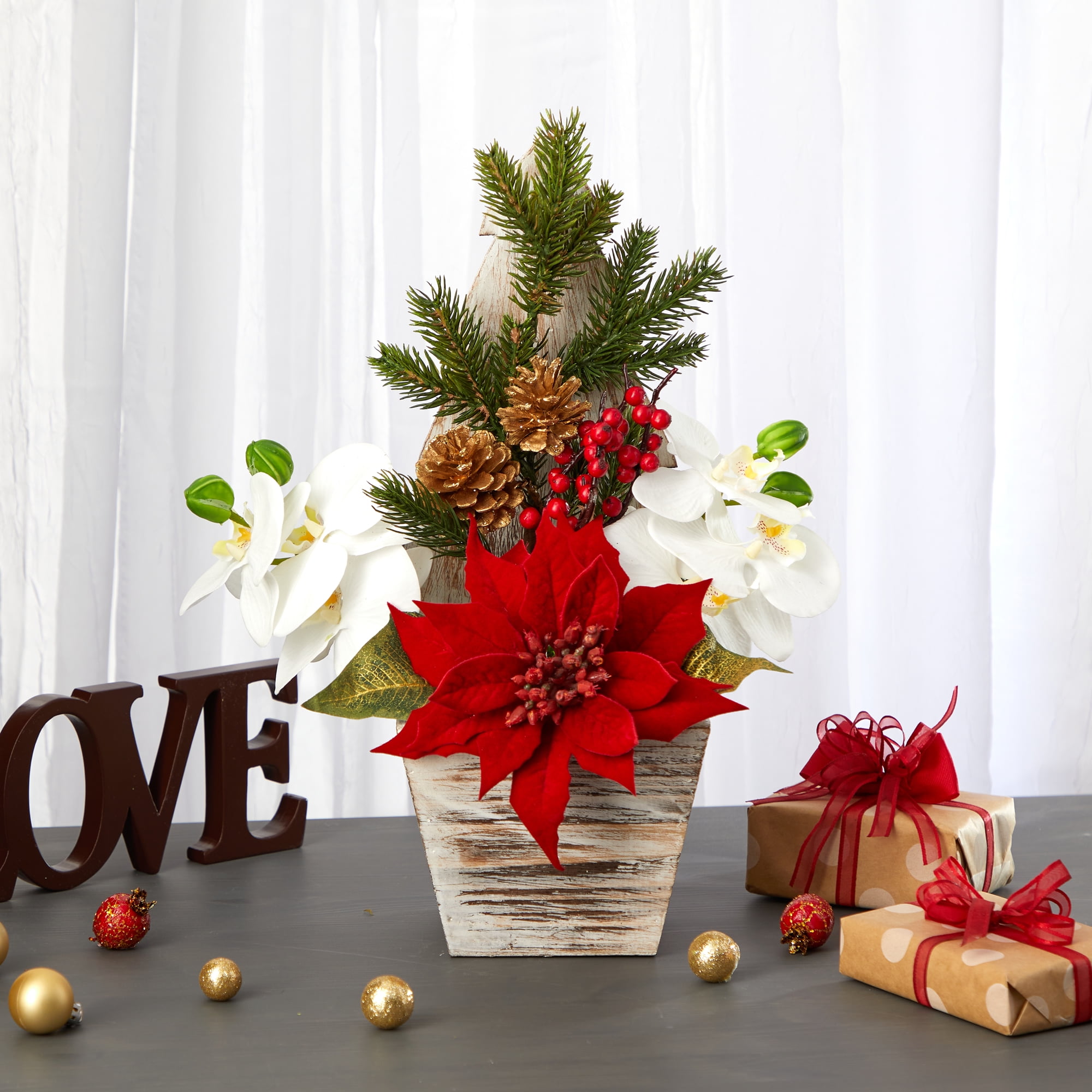 Nearly Natural 15" Poinsettia and Orchid Artificial Arrangement in